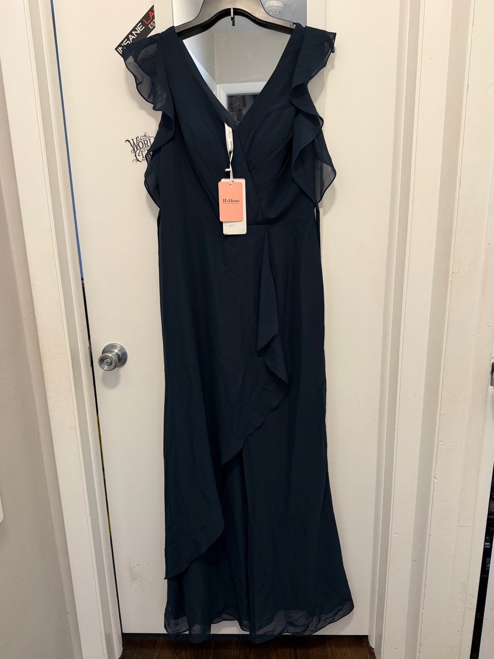 JJs House Navy Blue Ruffle Sleeve V-Neck Chiffon Maxi Dress